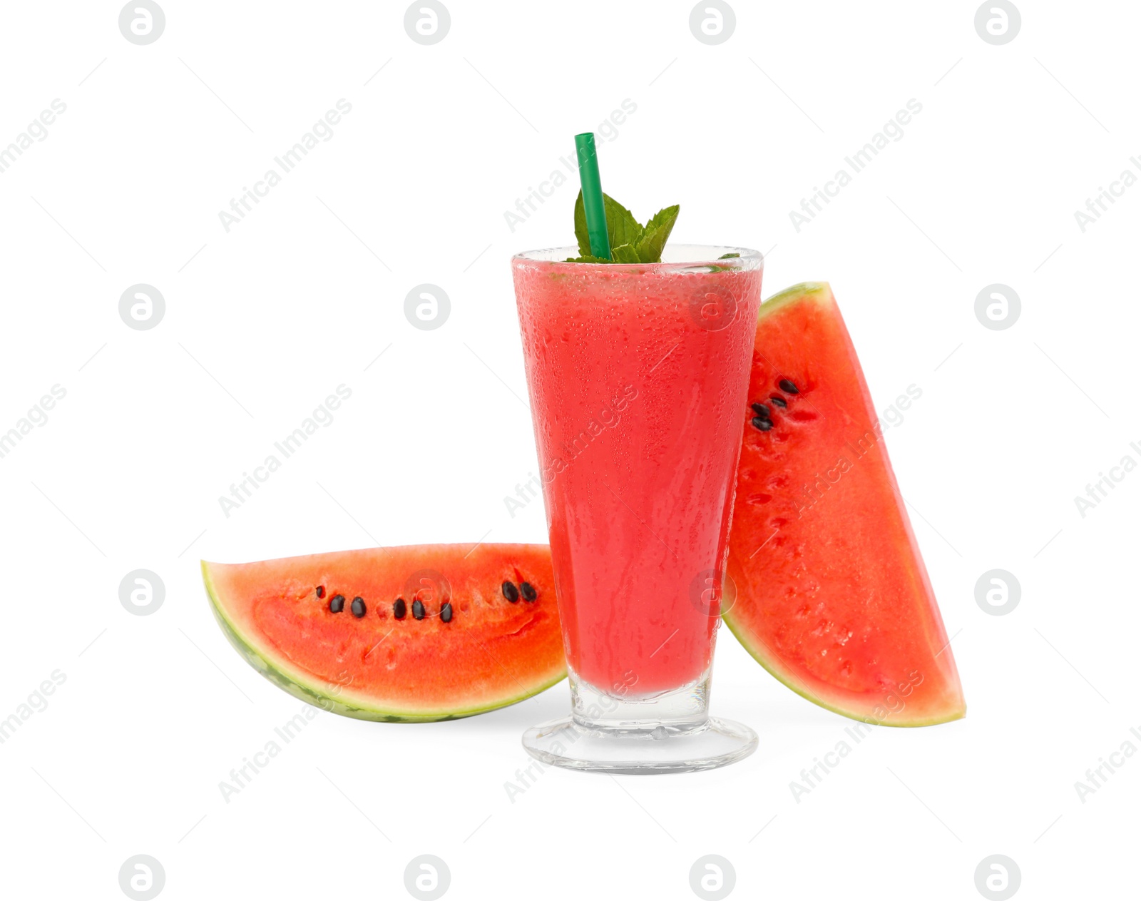 Photo of Glass of tasty watermelon drink with mint and cut fresh fruit isolated on white