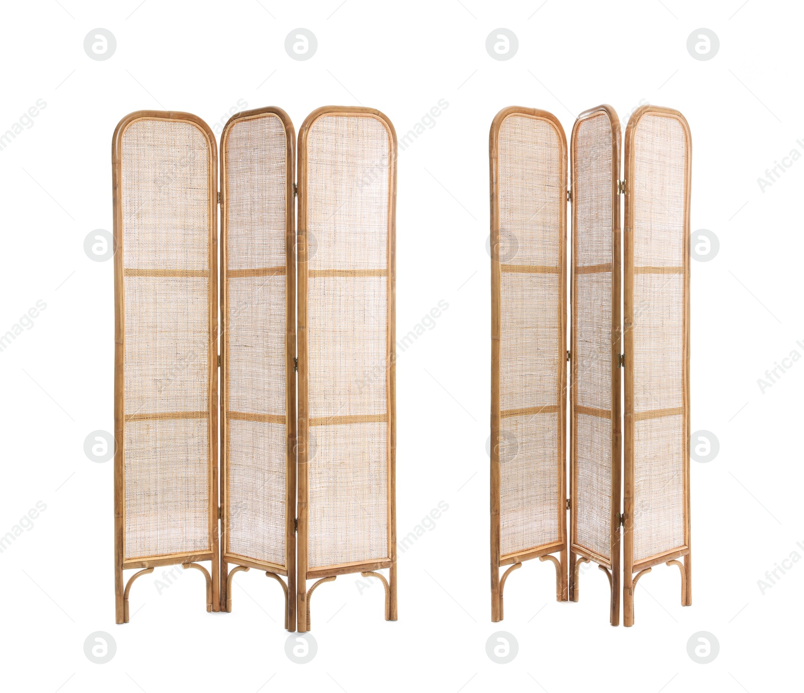 Image of Set with photos of wooden room divider screen on white background