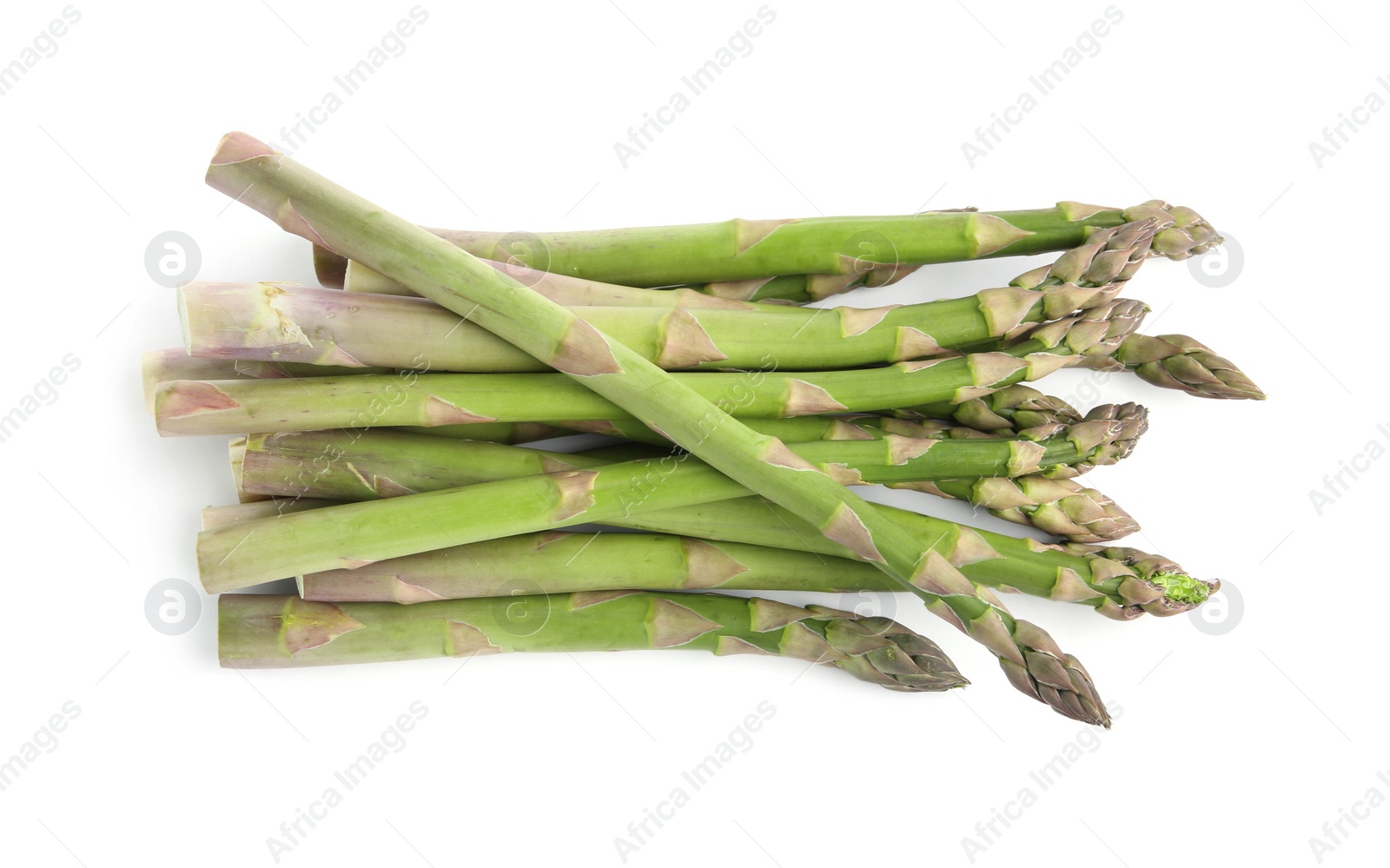 Photo of Fresh raw asparagus isolated on white, top view. Healthy eating