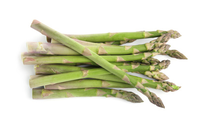 Fresh raw asparagus isolated on white, top view. Healthy eating