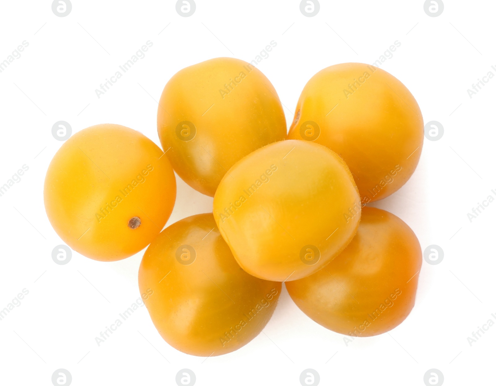 Photo of Delicious ripe yellow tomatoes isolated on white, top view