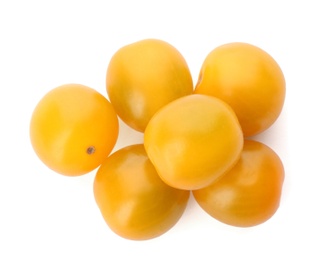 Photo of Delicious ripe yellow tomatoes isolated on white, top view