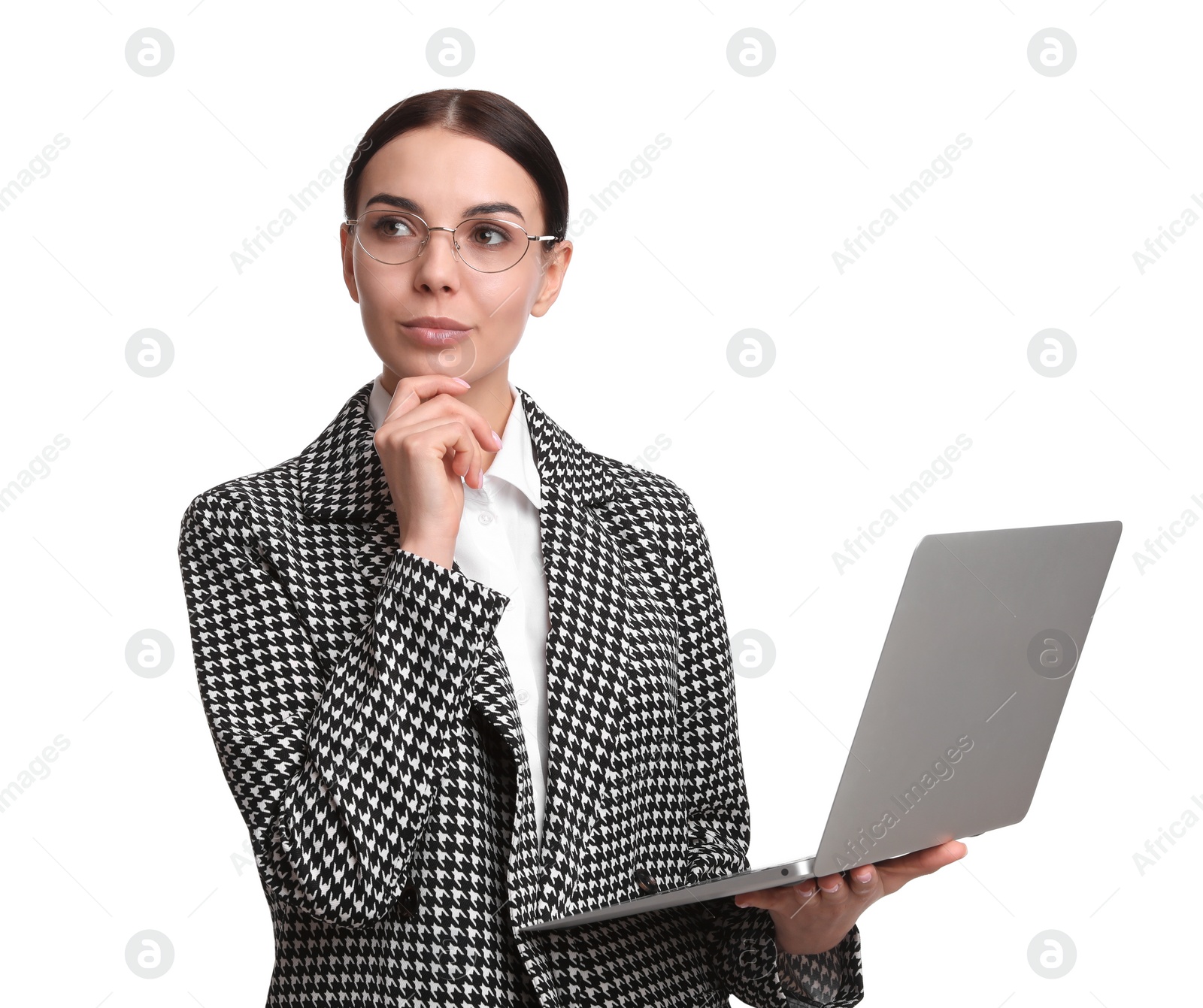 Photo of Young businesswoman with laptop on white background