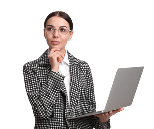 Young businesswoman with laptop on white background