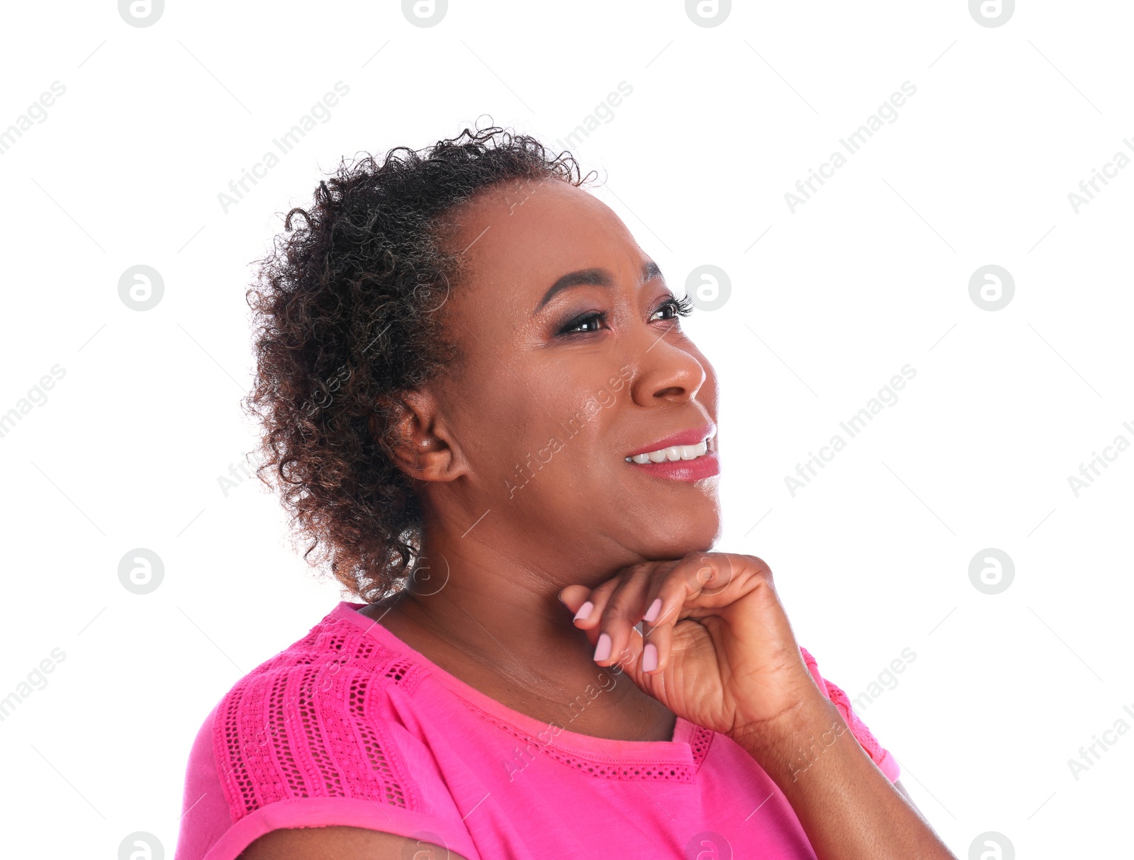 Photo of Portrait of happy African-American woman on white background