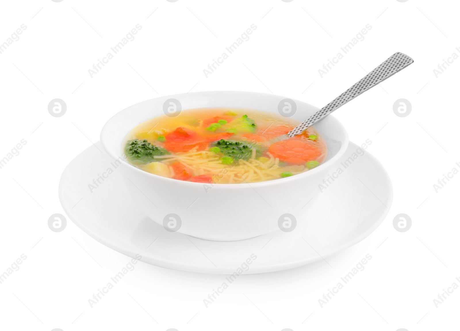 Photo of Delicious vegetable soup with noodles and spoon isolated on white