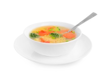 Delicious vegetable soup with noodles and spoon isolated on white