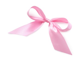 Photo of Pink satin ribbon bow on white background, top view
