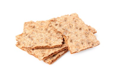 Photo of Many fresh crunchy crispbreads on white background. Healthy snack