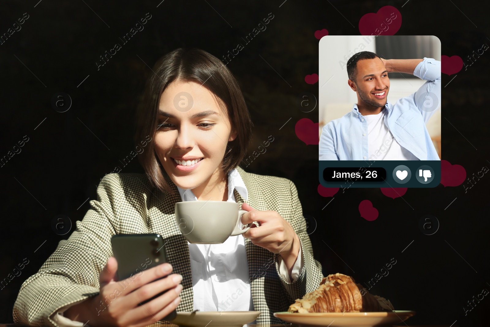 Image of Smiling woman looking for partner via dating site in cafe. Profile photo of man, information and icons