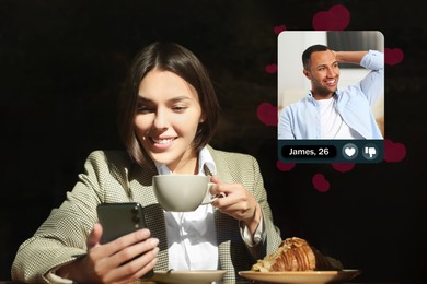 Image of Smiling woman looking for partner via dating site in cafe. Profile photo of man, information and icons