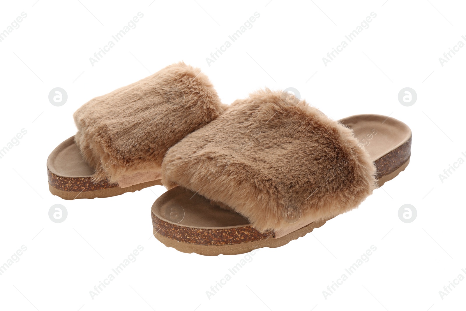 Photo of Pair of open toe slippers with brown fur on white background