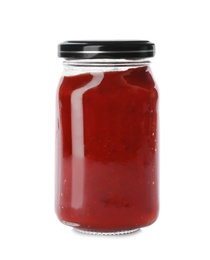 Photo of Glass jar with adjika sauce isolated on white. Pickling and preservation