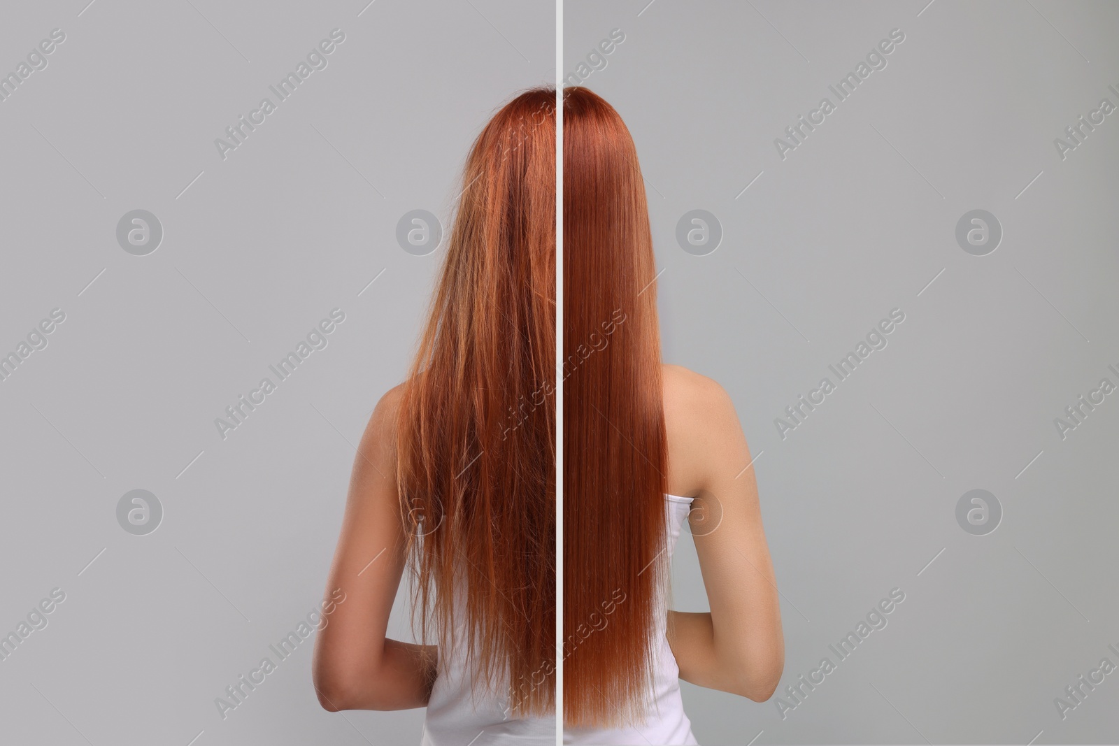 Image of Photo of woman divided into halves before and after hair treatment on grey background, back view