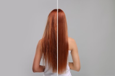 Photo of woman divided into halves before and after hair treatment on grey background, back view