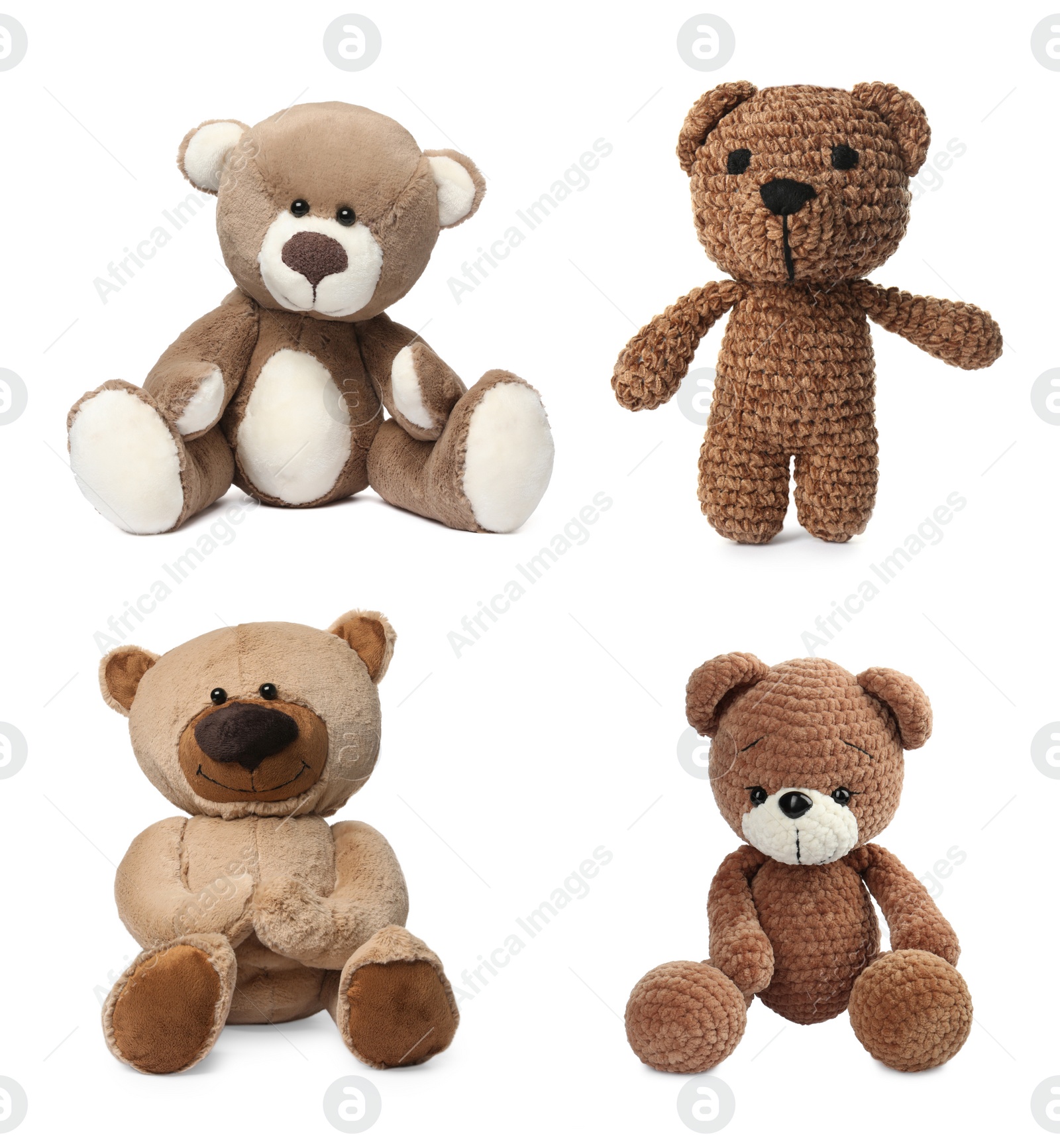 Image of Set with different soft toy bears isolated on white