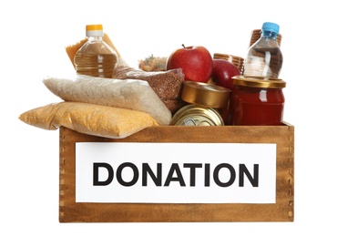 Photo of Donation box full of different products on white background