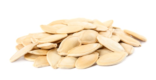 Photo of Pile of raw pumpkin seeds on white background