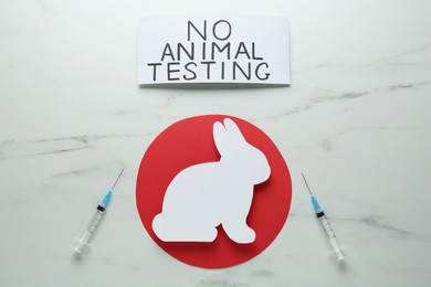 Photo of Card with text No Animal Testing and figure of rabbit on white marble table, flat lay