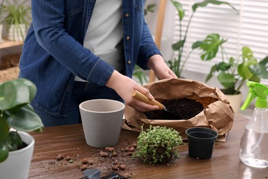 Photo of Woman filling flowerpot with soil at wooden table indoors, closeup. Transplanting houseplants
