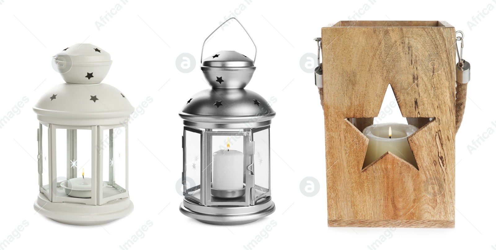 Image of Set with beautiful decorative Christmas lanterns on white background, banner design