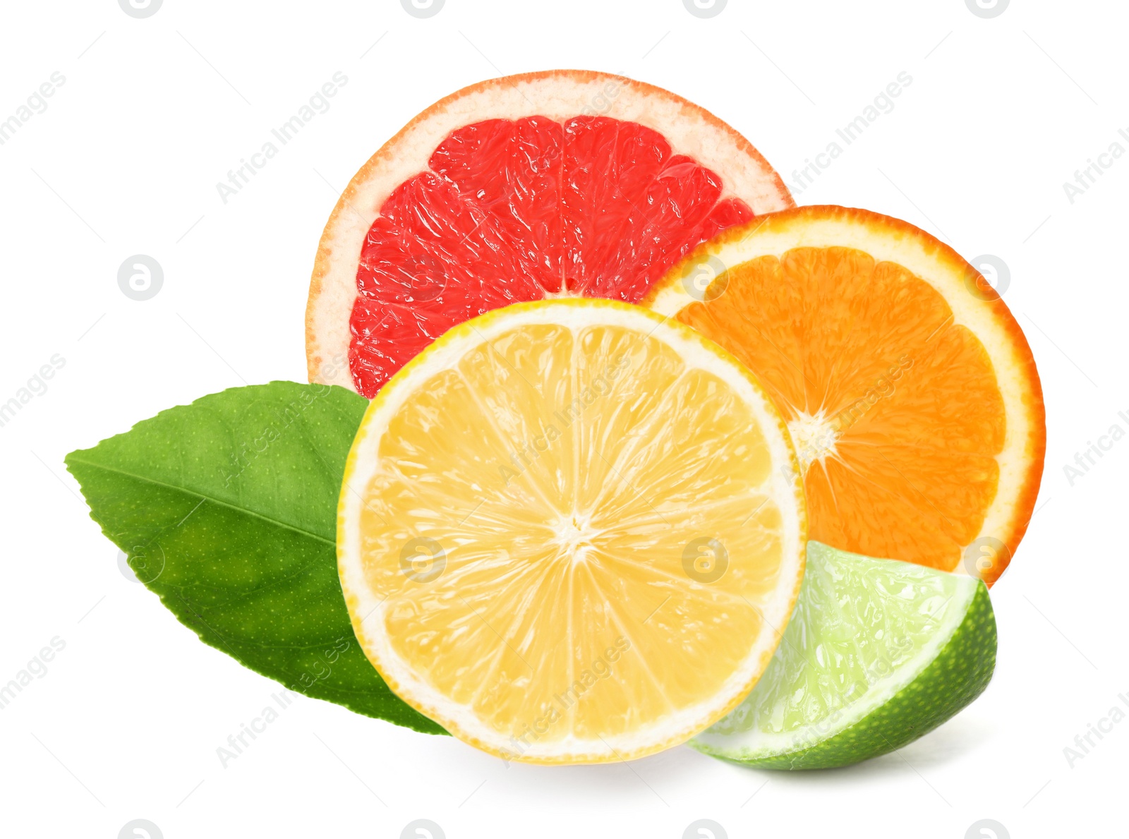 Image of Different citrus fruits with leaf on white background 