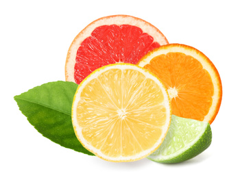 Image of Different citrus fruits with leaf on white background 