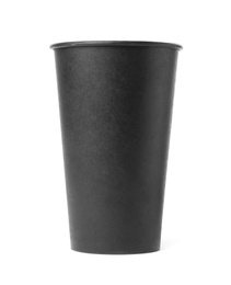 Photo of Black takeaway paper coffee cup isolated on white