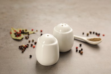 White ceramic salt and pepper shakers, bay leaves with spoon on light table, closeup