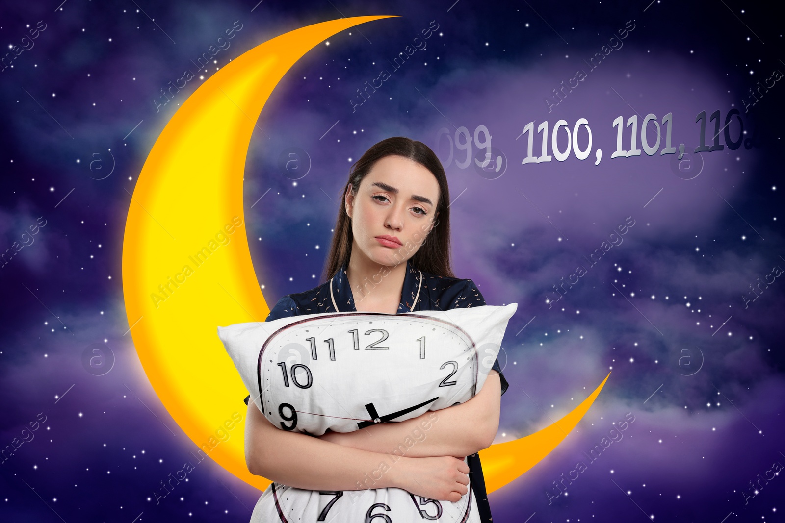 Image of Suffering from insomnia. Woman with pillow counting to fall asleep. Night sky with crescent moon, stars and numbers on background