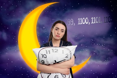 Image of Suffering from insomnia. Woman with pillow counting to fall asleep. Night sky with crescent moon, stars and numbers on background