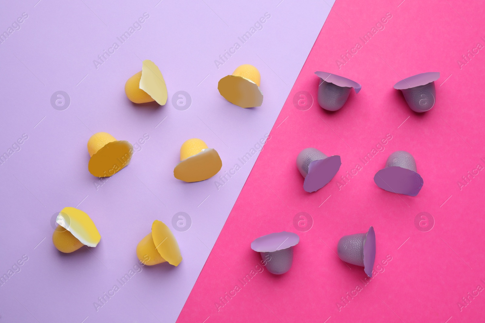 Photo of Tasty bright jelly cups on color background, flat lay