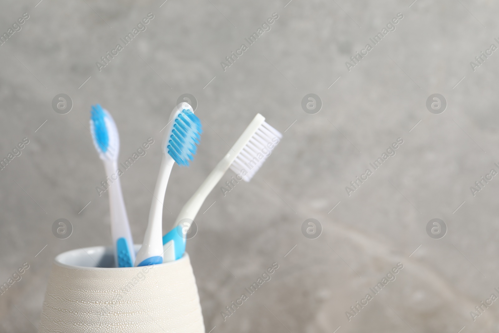 Photo of Plastic toothbrushes in holder on grey background, closeup. Space for text