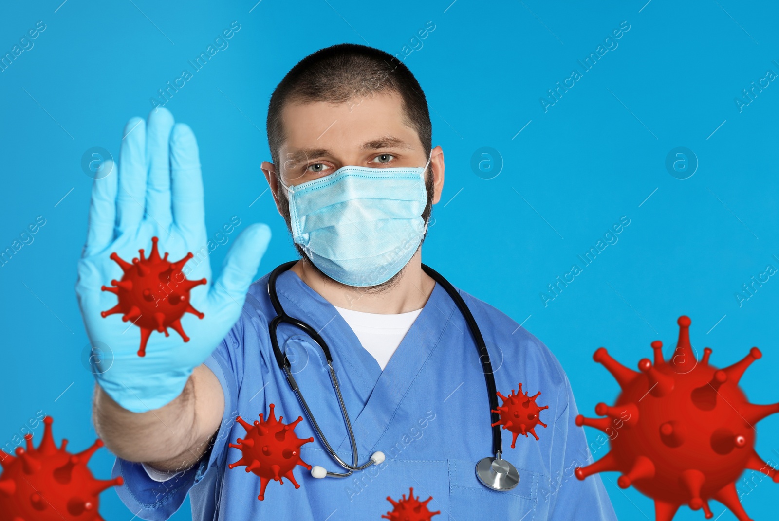 Image of Stop Covid-19 outbreak. Doctor wearing medical mask surrounded by virus on blue background