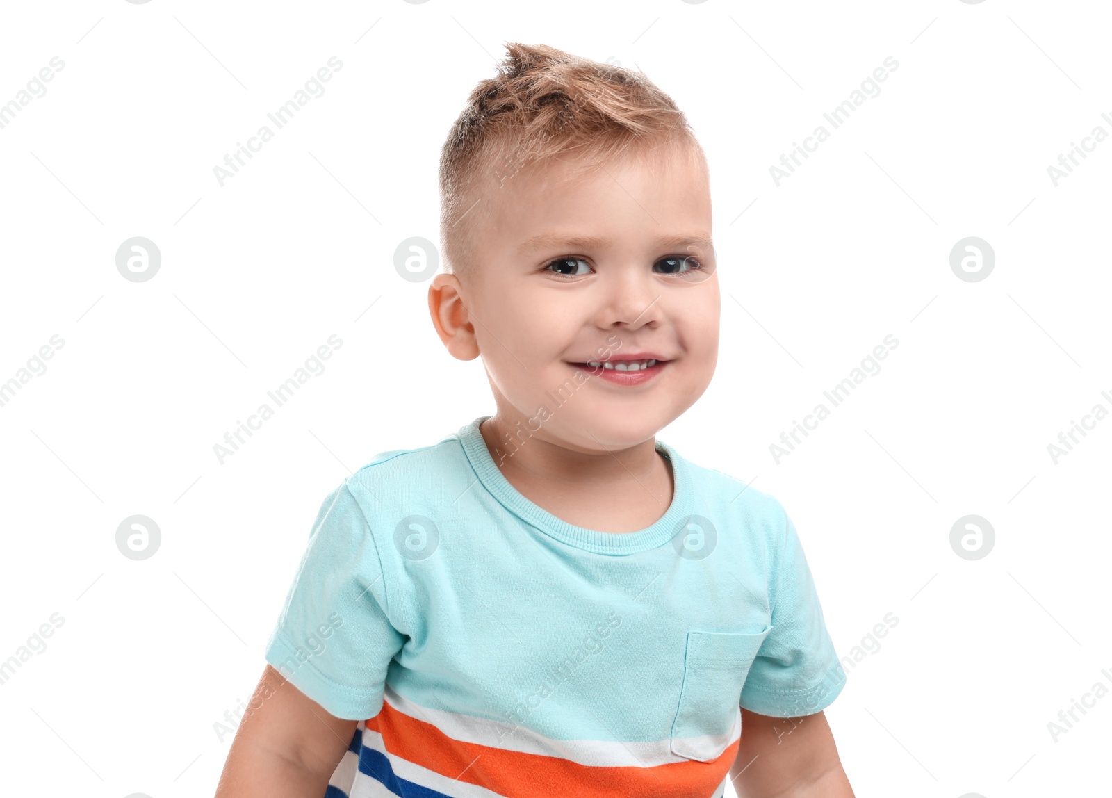 Photo of Cute little boy posing on white background