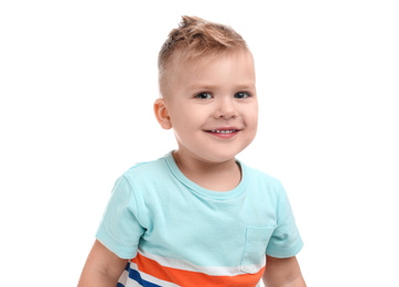 Photo of Cute little boy posing on white background