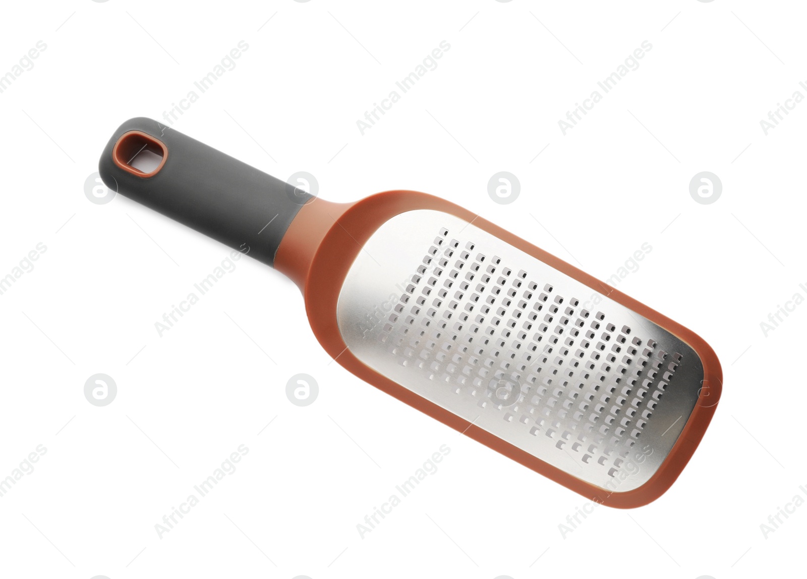 Photo of Stainless steel grater on white background, top view. Kitchen utensil