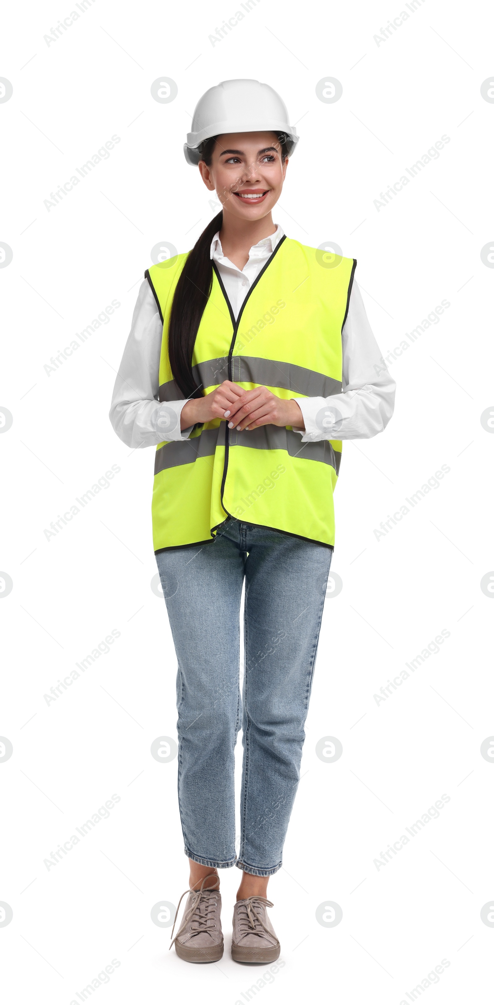 Photo of Engineer in hard hat on white background