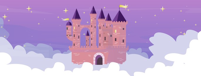 Fairytale castle among clouds under starry sky, illustration. Banner design