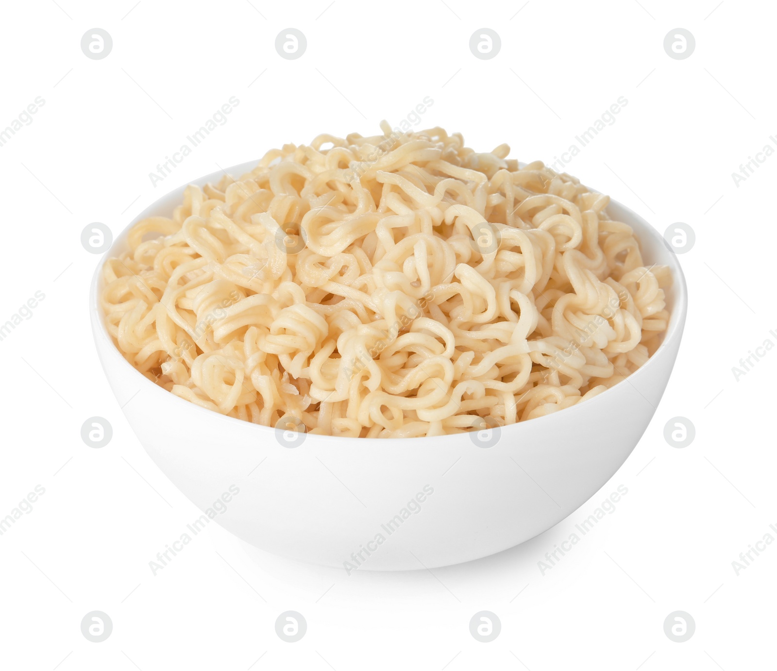 Photo of Tasty instant noodles in bowl isolated on white