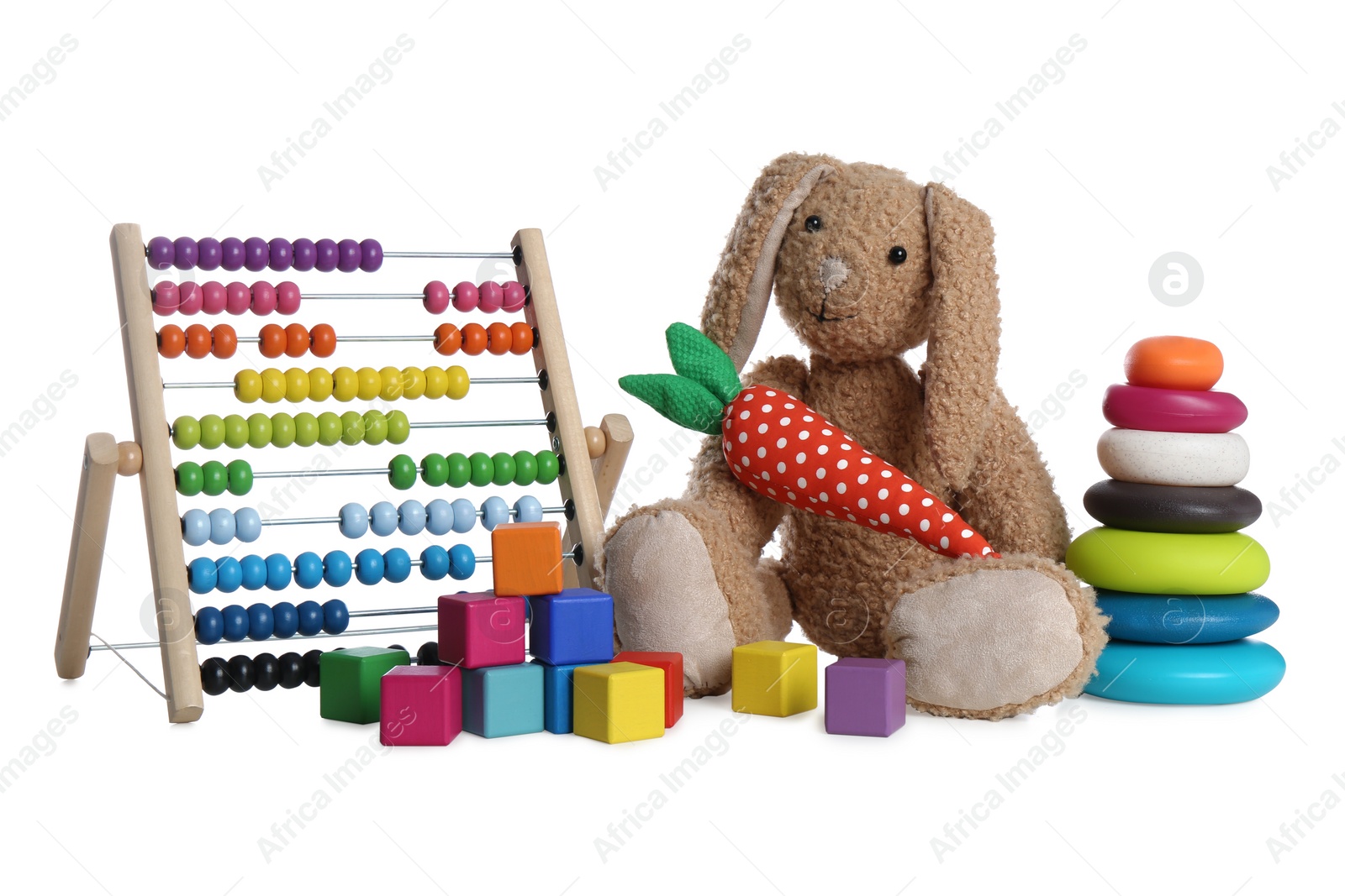 Photo of Set of different cute toys on white background