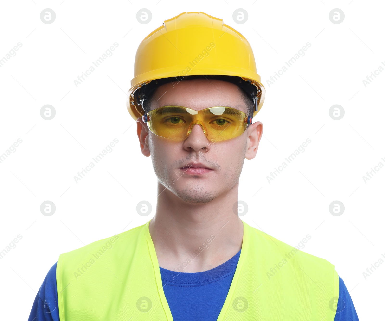 Photo of Young man wearing safety equipment on white background