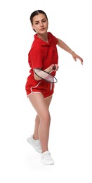 Photo of Young woman playing badminton with racket on white background