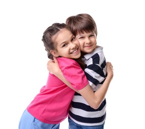 Photo of Happy brother and sister hugging on white background