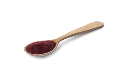 Photo of Spoon with acai powder on white background