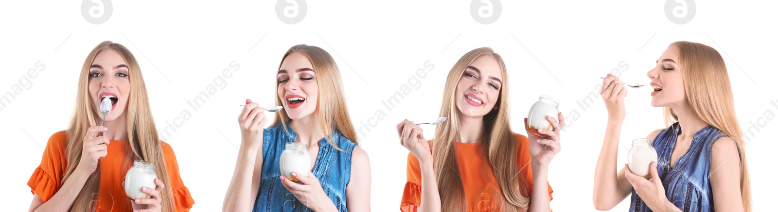 Image of Collage with photos of young beautiful woman with tasty yogurt on white background. Banner design