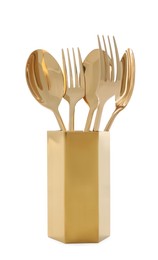 Gold holder with cutlery isolated on white