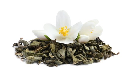 Photo of Dry tea leaves and fresh jasmine flowers on white background