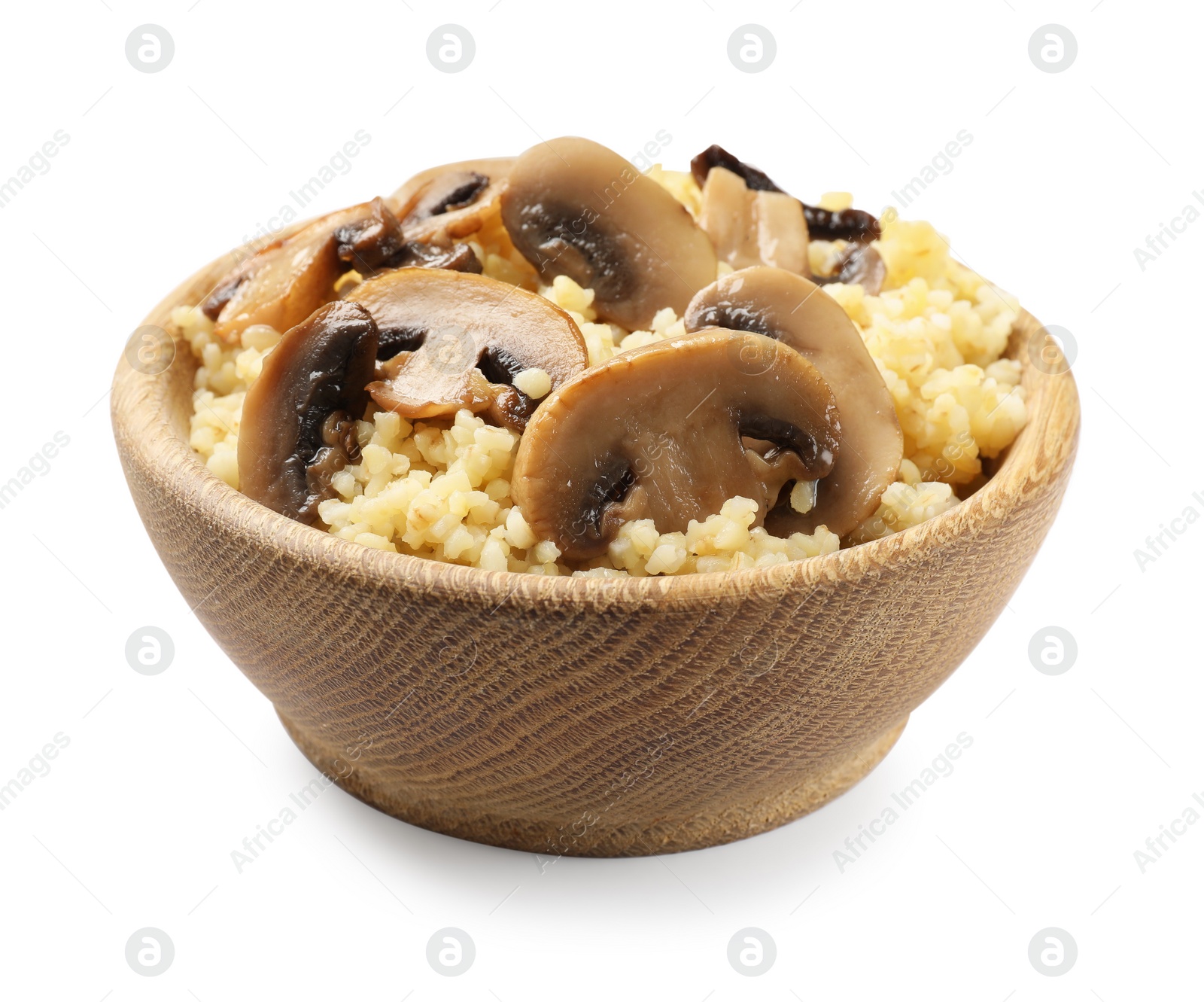 Photo of Delicious bulgur with mushrooms in bowl isolated on white