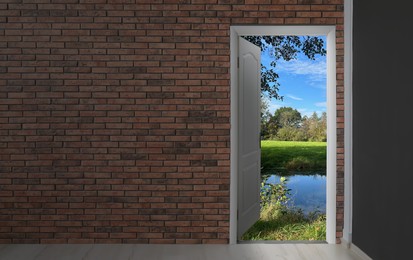Open door in brick wall inviting to rest in nature